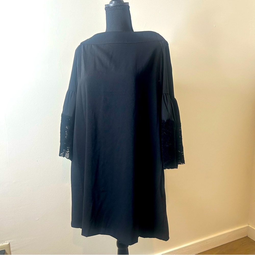 Skies Are Blue Black Off the Shoulder Velvet Lace Trim Bell Sleeves